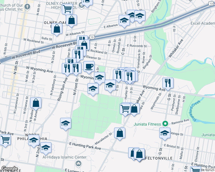 map of restaurants, bars, coffee shops, grocery stores, and more near 4600 Rosehill Street in Philadelphia