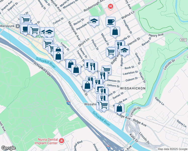 map of restaurants, bars, coffee shops, grocery stores, and more near 3843 Terrace Street in Philadelphia