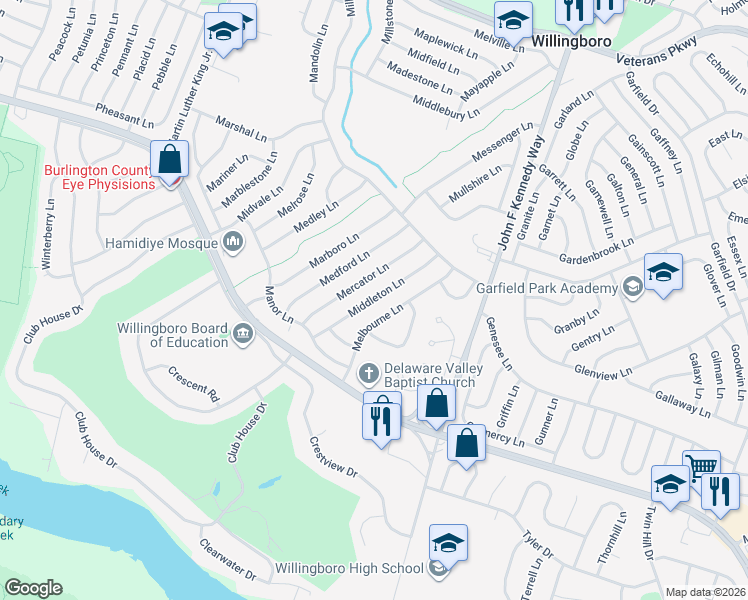 map of restaurants, bars, coffee shops, grocery stores, and more near Middleton Lane in Willingboro