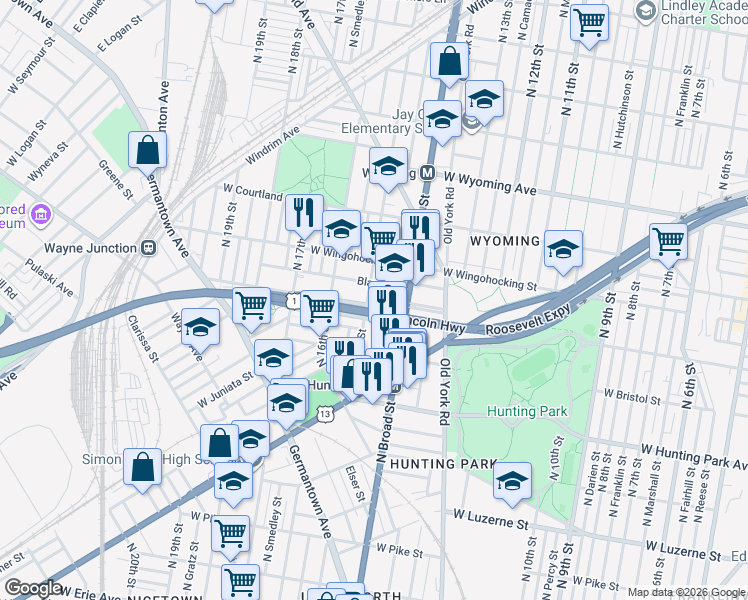 map of restaurants, bars, coffee shops, grocery stores, and more near 1435 West Cayuga Street in Philadelphia
