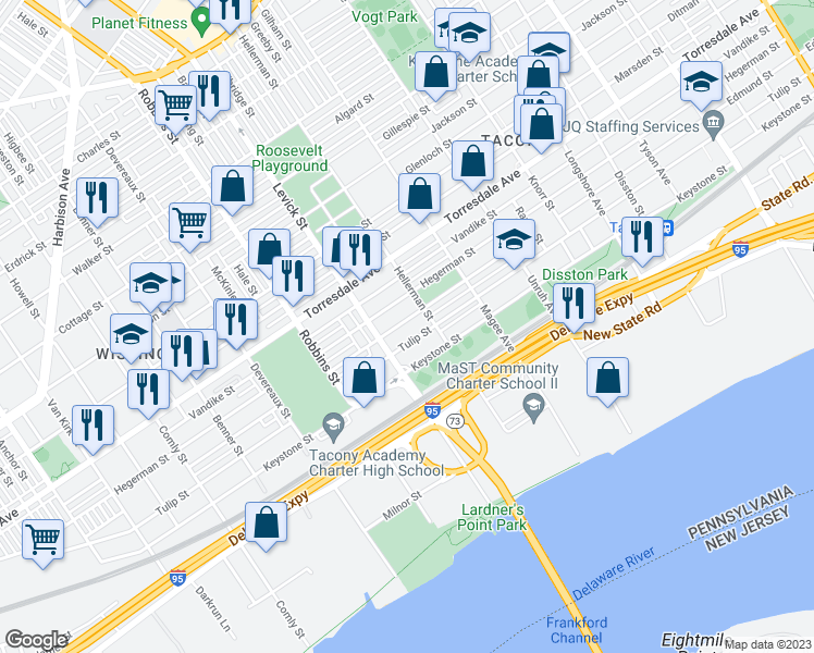 map of restaurants, bars, coffee shops, grocery stores, and more near 6433 Edmund Street in Philadelphia