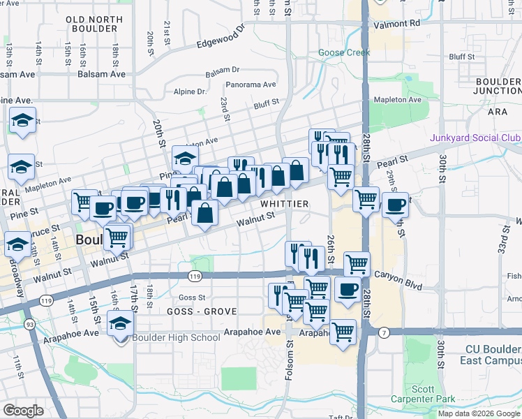 map of restaurants, bars, coffee shops, grocery stores, and more near 2247 Walnut Street in Boulder