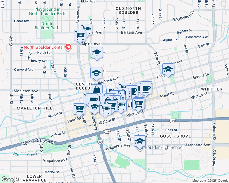 map of restaurants, bars, coffee shops, grocery stores, and more near in Boulder