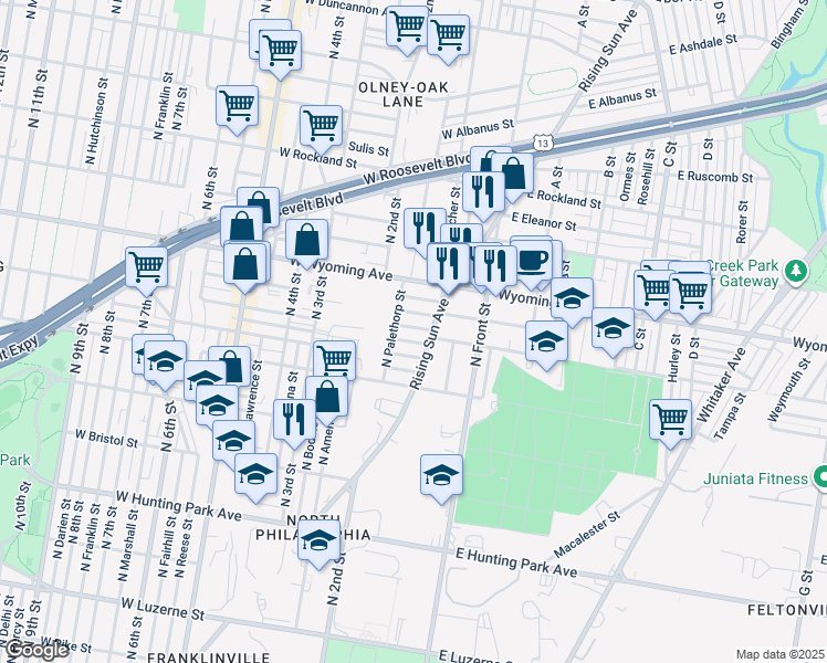 map of restaurants, bars, coffee shops, grocery stores, and more near 180 West Raymond Street in Philadelphia