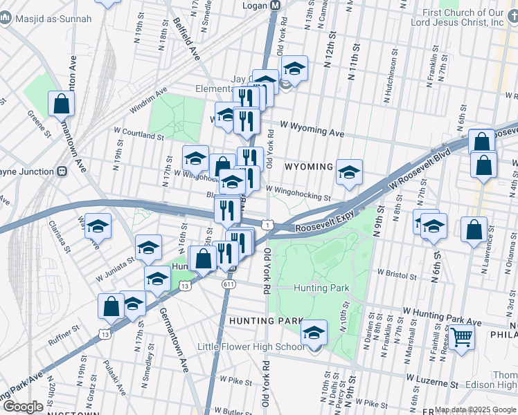 map of restaurants, bars, coffee shops, grocery stores, and more near 1301 West Cayuga Street in Philadelphia