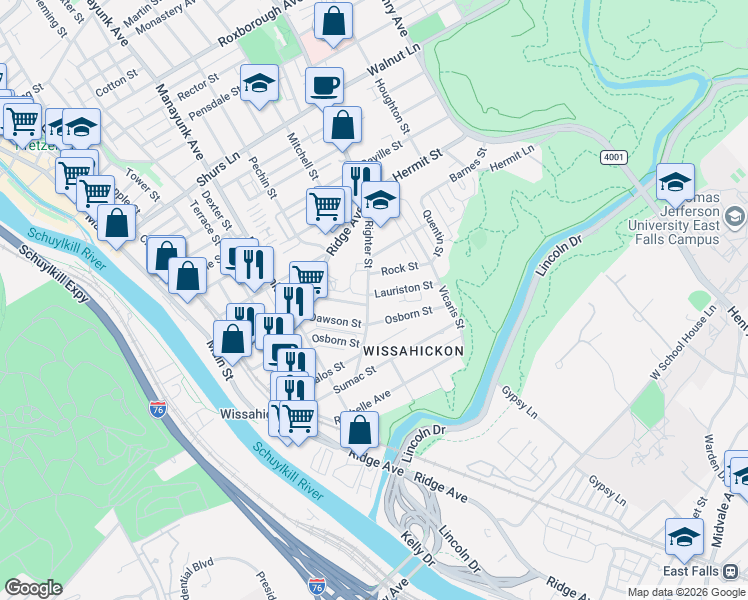 map of restaurants, bars, coffee shops, grocery stores, and more near 217 Osborn Street in Philadelphia