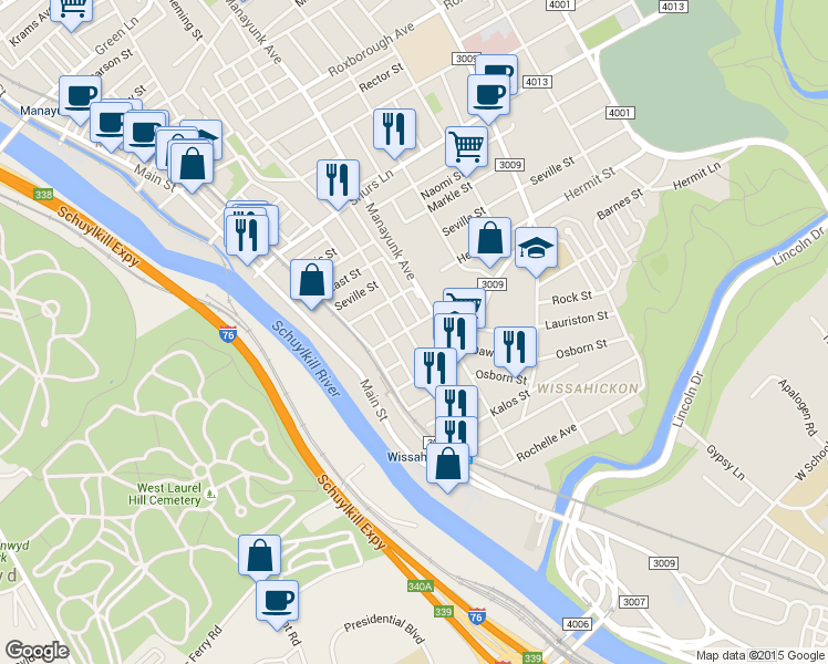map of restaurants, bars, coffee shops, grocery stores, and more near 114 Salaignac Street in Philadelphia