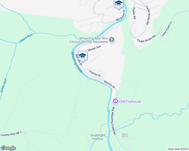 map of restaurants, bars, coffee shops, grocery stores, and more near 401 Stacey Apartments Drive in Wheeling