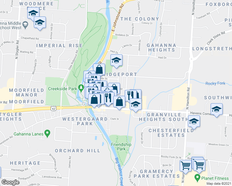 map of restaurants, bars, coffee shops, grocery stores, and more near 95 Shepard Street in Gahanna
