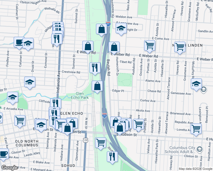 map of restaurants, bars, coffee shops, grocery stores, and more near 2725 Beulah Road in Columbus