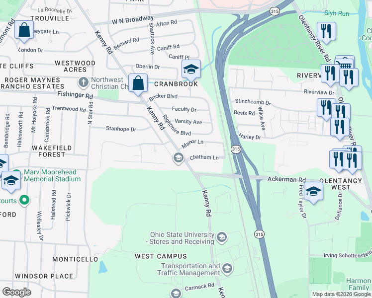 map of restaurants, bars, coffee shops, grocery stores, and more near 2982 Trentwood Road in Columbus