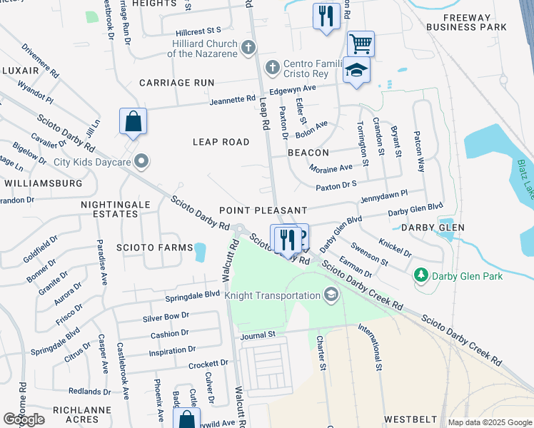 map of restaurants, bars, coffee shops, grocery stores, and more near 3311 Leap Road in Hilliard