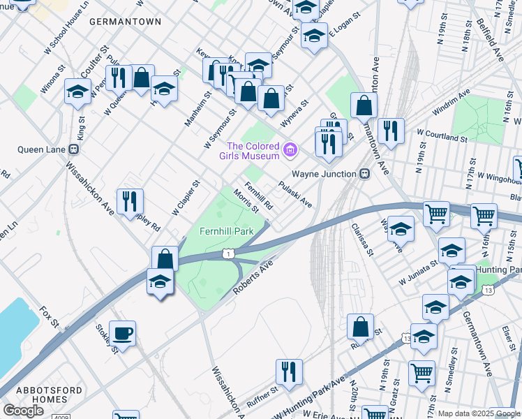 map of restaurants, bars, coffee shops, grocery stores, and more near 4549 Morris Street in Philadelphia
