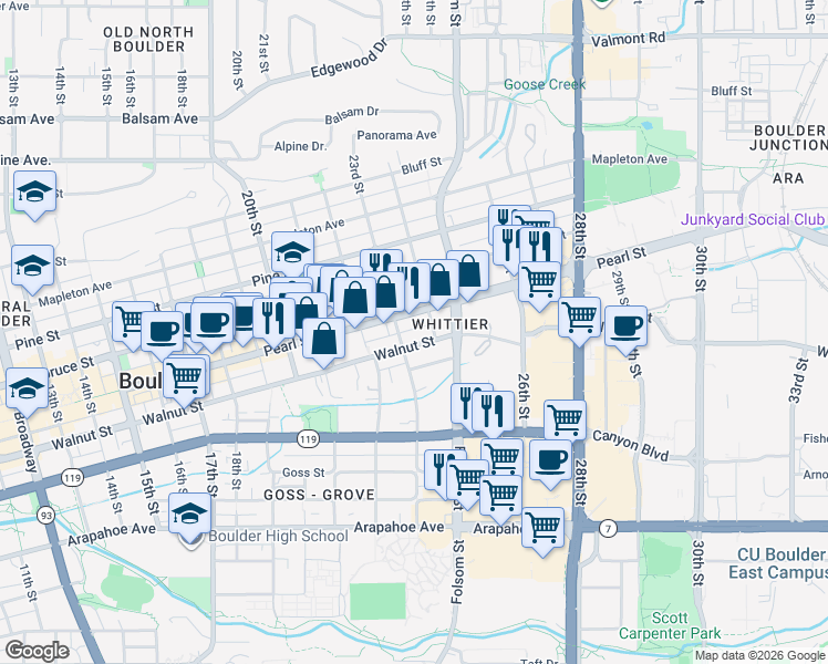 map of restaurants, bars, coffee shops, grocery stores, and more near 2247 Walnut Street in Boulder