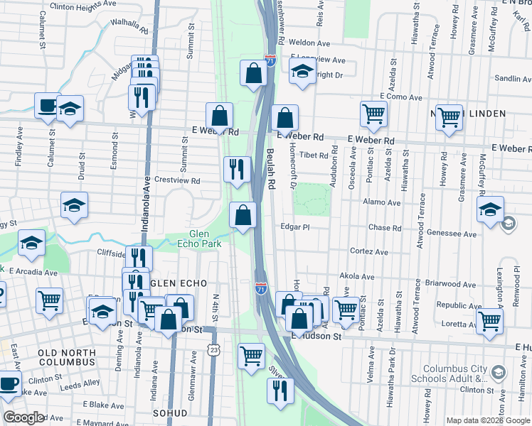 map of restaurants, bars, coffee shops, grocery stores, and more near 2725 Beulah Road in Columbus