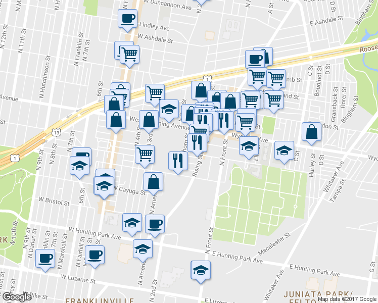 map of restaurants, bars, coffee shops, grocery stores, and more near 186 West Thelma Street in Philadelphia