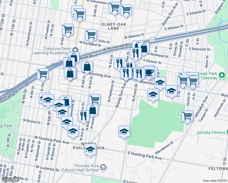map of restaurants, bars, coffee shops, grocery stores, and more near 186 West Thelma Street in Philadelphia