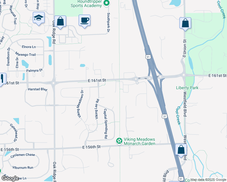 map of restaurants, bars, coffee shops, grocery stores, and more near 16003 Barringer Court in Westfield