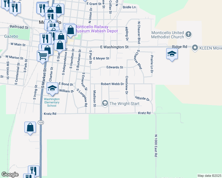 map of restaurants, bars, coffee shops, grocery stores, and more near 801 Tyler Court in Monticello