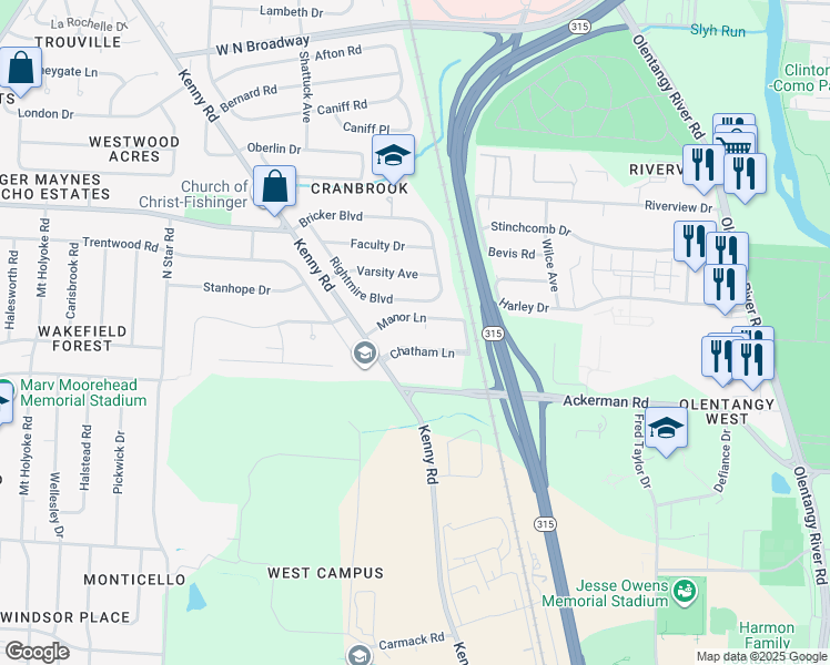 map of restaurants, bars, coffee shops, grocery stores, and more near 966 Chatham Lane in Columbus