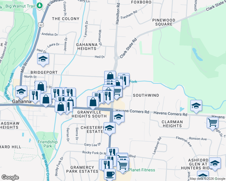 map of restaurants, bars, coffee shops, grocery stores, and more near 95 North Hamilton Road in Gahanna