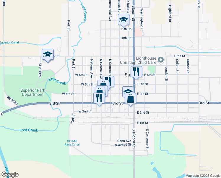 map of restaurants, bars, coffee shops, grocery stores, and more near 450 North Commercial Avenue in Superior