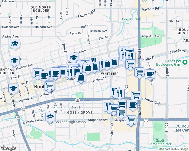 map of restaurants, bars, coffee shops, grocery stores, and more near 2226 Pearl Street in Boulder