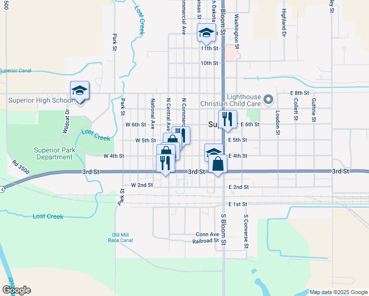 map of restaurants, bars, coffee shops, grocery stores, and more near 450 North Commercial Avenue in Superior