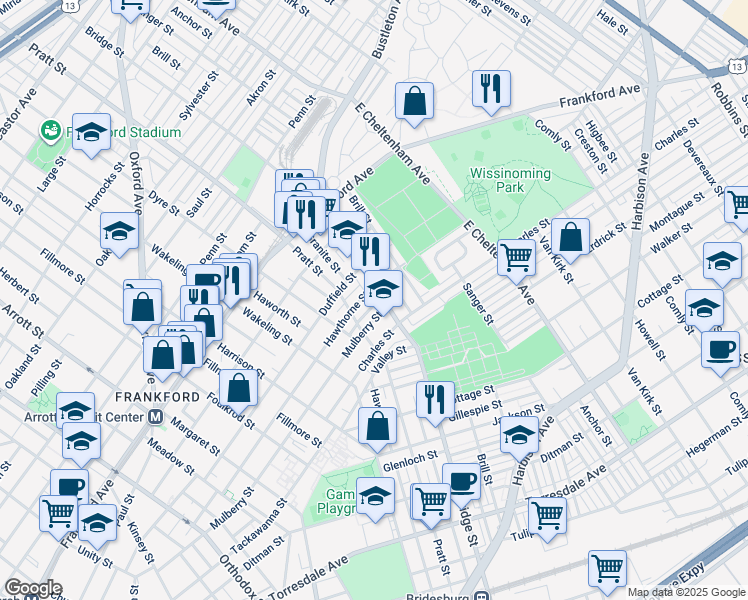 map of restaurants, bars, coffee shops, grocery stores, and more near 5238 Marlowe Street in Philadelphia