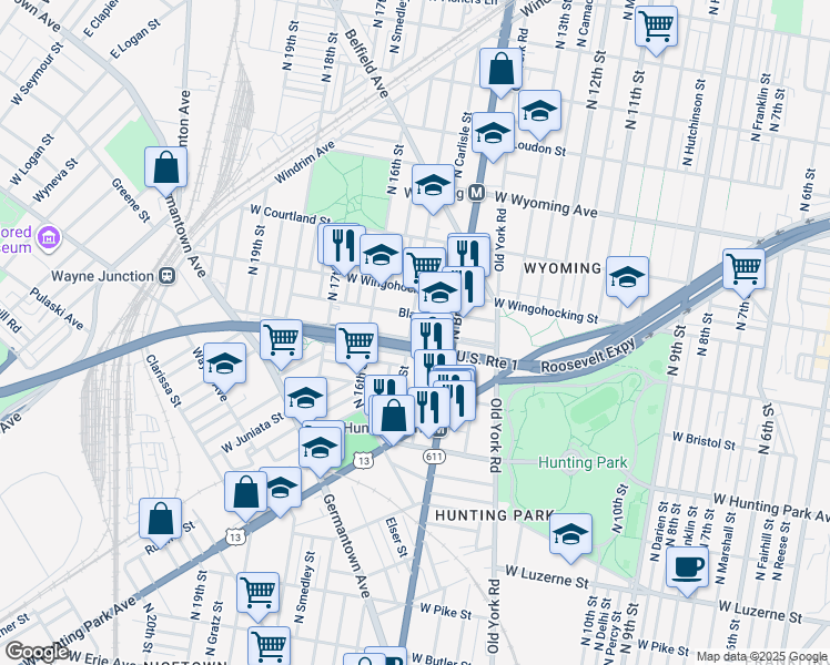 map of restaurants, bars, coffee shops, grocery stores, and more near 1447 West Cayuga Street in Philadelphia