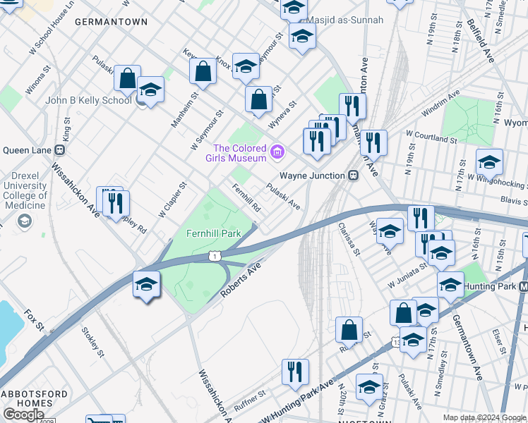 map of restaurants, bars, coffee shops, grocery stores, and more near 4529 Fernhill Road in Philadelphia