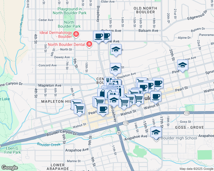 map of restaurants, bars, coffee shops, grocery stores, and more near 2226 Broadway in Boulder