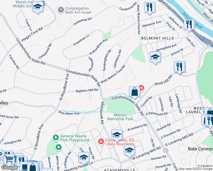 map of restaurants, bars, coffee shops, grocery stores, and more near 29 Sandringham Road in Bala Cynwyd