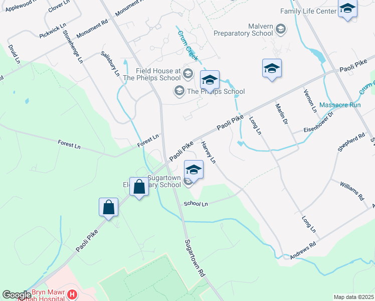 map of restaurants, bars, coffee shops, grocery stores, and more near Reeves Way in Malvern