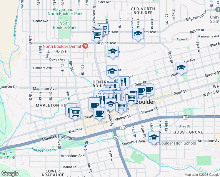 map of restaurants, bars, coffee shops, grocery stores, and more near 1237 Pine Street in Boulder