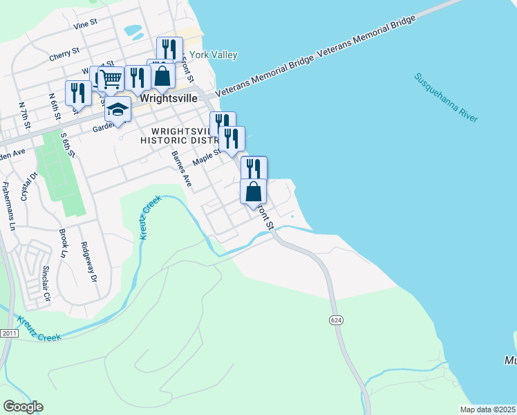 map of restaurants, bars, coffee shops, grocery stores, and more near 622 South Front Street in Wrightsville