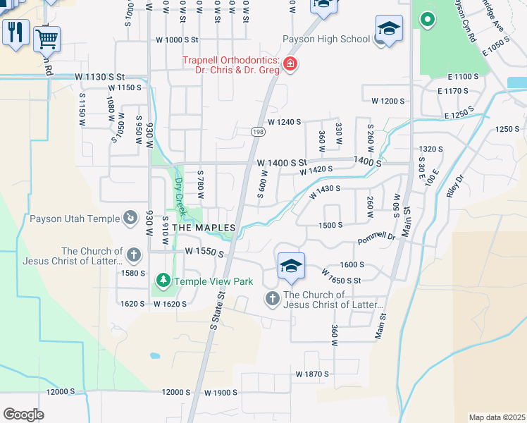 map of restaurants, bars, coffee shops, grocery stores, and more near 588 West 1450 South in Payson