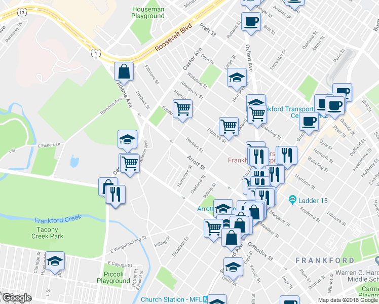map of restaurants, bars, coffee shops, grocery stores, and more near 1133 Arrott Street in Philadelphia