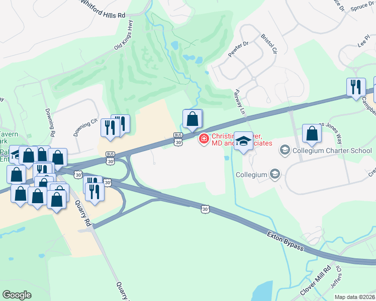 map of restaurants, bars, coffee shops, grocery stores, and more near 690 Lincoln Highway in Exton