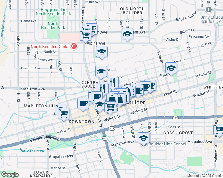 map of restaurants, bars, coffee shops, grocery stores, and more near Pine St & 14th St in Boulder