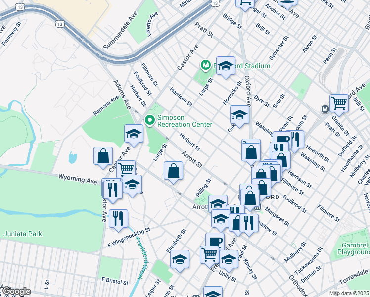 map of restaurants, bars, coffee shops, grocery stores, and more near 1133 Arrott Street in Philadelphia