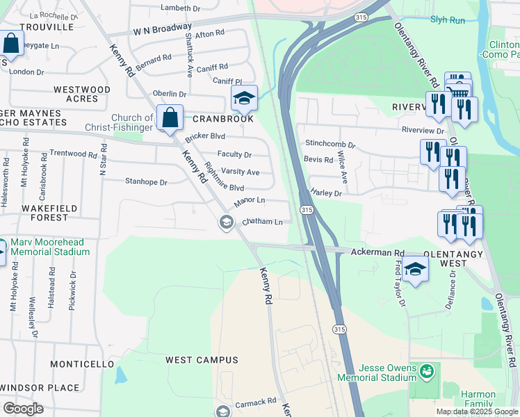map of restaurants, bars, coffee shops, grocery stores, and more near 966 Chatham Lane in Columbus