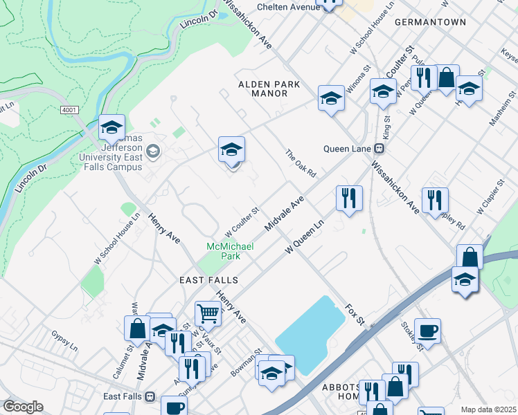 map of restaurants, bars, coffee shops, grocery stores, and more near 4709 Fox Street in Philadelphia