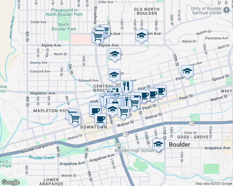 map of restaurants, bars, coffee shops, grocery stores, and more near 2174 13th Street in Boulder