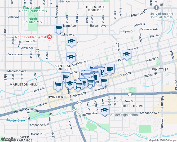 map of restaurants, bars, coffee shops, grocery stores, and more near 1504 Pine Street in Boulder