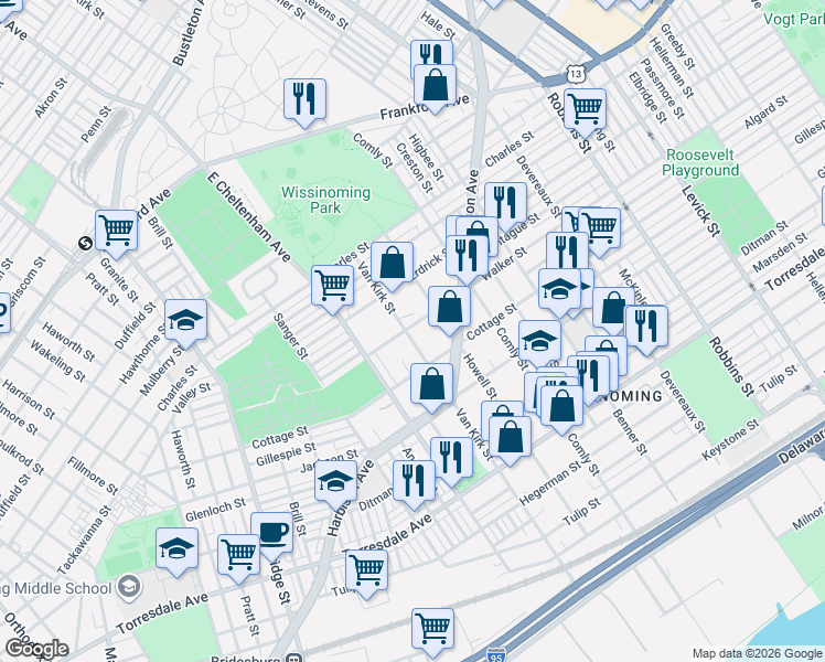 map of restaurants, bars, coffee shops, grocery stores, and more near 4303 Van Kirk Street in Philadelphia