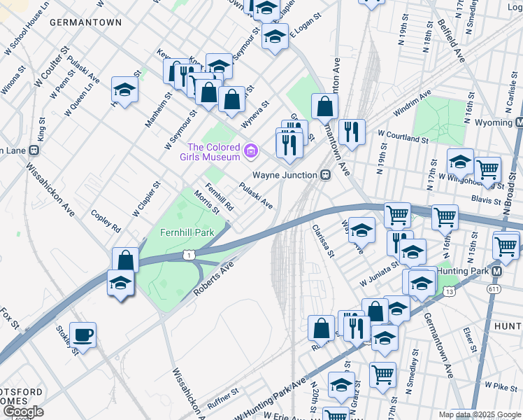 map of restaurants, bars, coffee shops, grocery stores, and more near 305 West Milne Street in Philadelphia