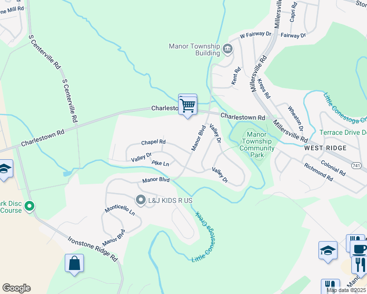 map of restaurants, bars, coffee shops, grocery stores, and more near 2619 Chapel Road in Lancaster