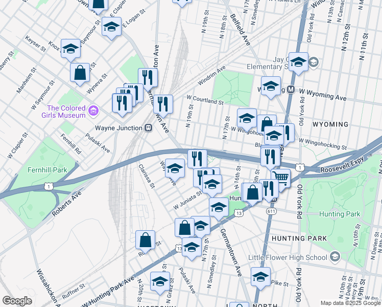 map of restaurants, bars, coffee shops, grocery stores, and more near 4343 Gratz Street in Philadelphia