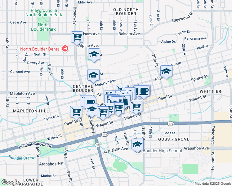 map of restaurants, bars, coffee shops, grocery stores, and more near 1515 Spruce Street in Boulder